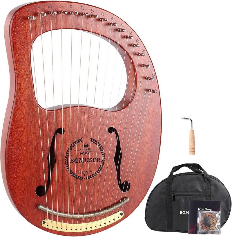 BGMUSER Lyre Harp 16 Metal Strings,Mahogany Body and Copper Saddle,Professional Mini Harp Instrument Gift with Bag,Tuning Wrench,Spare Strings - Image 1